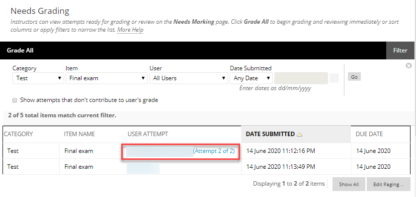 Select a student from the filtered table