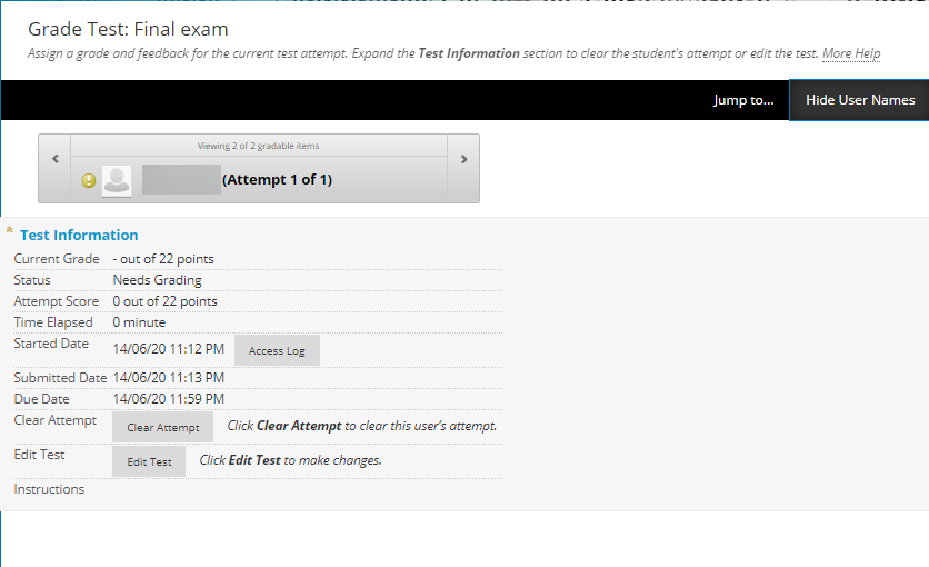 The Test information section contains information about the status of teh tet, when the student started the Test and when the student submitted the Test.