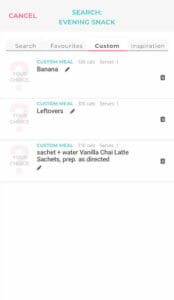 App automatically adds your custom meals or Calorie King searches to the Custom list