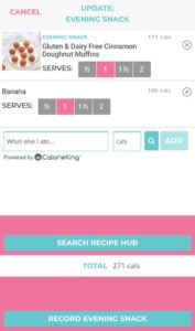 Ability to go to the Recipe Hub when recording a meal to choose from your favourites, any recipe in the hub or a custom meals