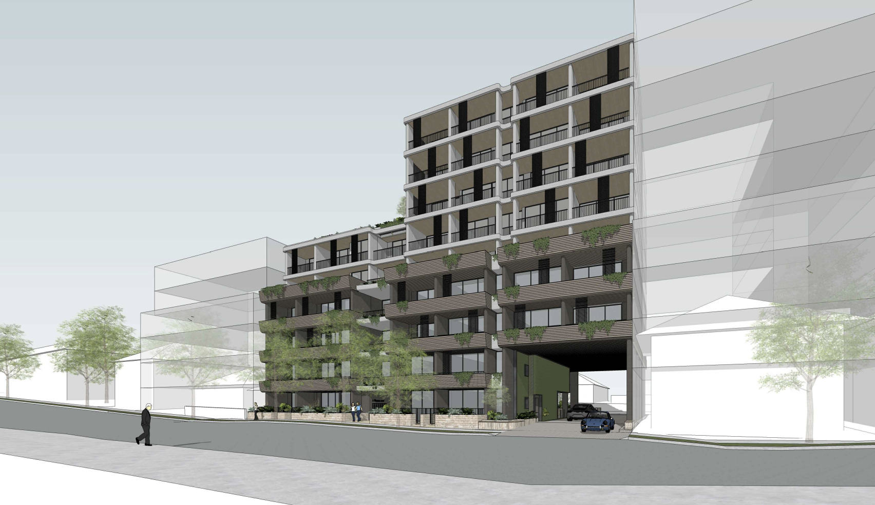 VIEW FROM NORTH WEST ON BOWRAL ST - WITH POTENTIAL MASSING OF FUTURE DEVELOPMENTS AT 4 BOWRAL ST TO THE WEST AND 12-16 BOWRAL ST TO THE EAST (AS PER PROPOSED DCP CONTROLS)