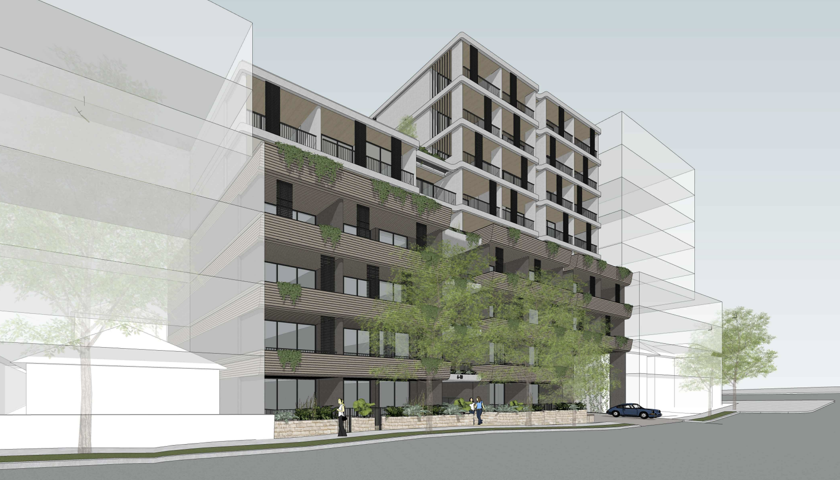 VIEW FROM NORTH EAST ON BOWRAL ST - WITH POTENTIAL MASSING OF FUTURE DEVELOPMENTS AT 4 BOWRAL ST TO THE WEST AND 12-16 BOWRAL ST TO THE EAST (AS PER PROPOSED DCP CONTROLS)