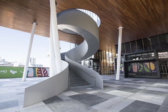 The feature spiral stair leads up to the Sky Park. Image: Lendlease Lendlease officially opens its new offices at One Melbourne Quarter