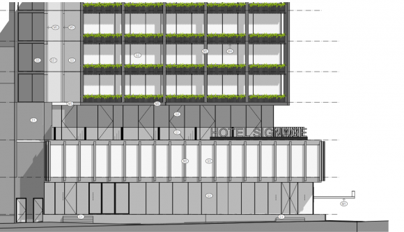 The retained Flagstaff House, incorporated into the new hotel design. Planning image: FK Architects A challenging West Melbourne site finally finds favour with Council
