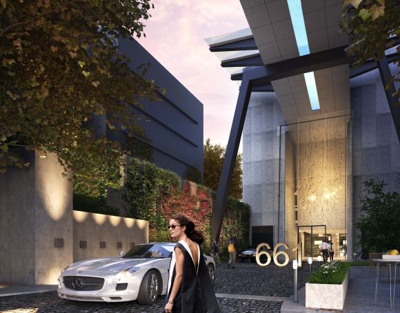 Exterior render of the porte-cochere with the 661 Stainless Steel sculpture. Image: supplied Gamuda Land engages Mars Gallery to curate 661 Chapel St
