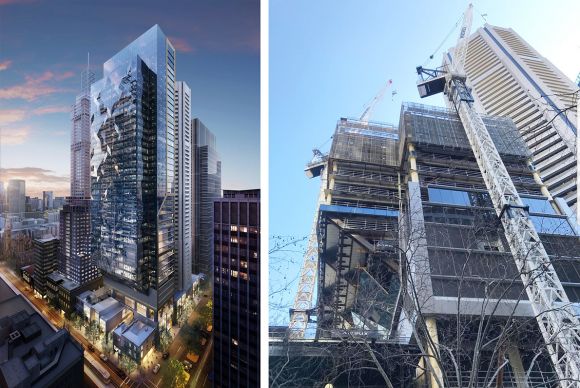 The first of 80 Collins Street's glazing has been installed. Images: Scharp | RCP Australia Melbourne's Collins Street continues to soar as construction heats up