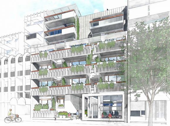Illustration of CRT + YRD's northern facade. Image: Hayball Nightingale Village - Episode II: CRT + YRD
