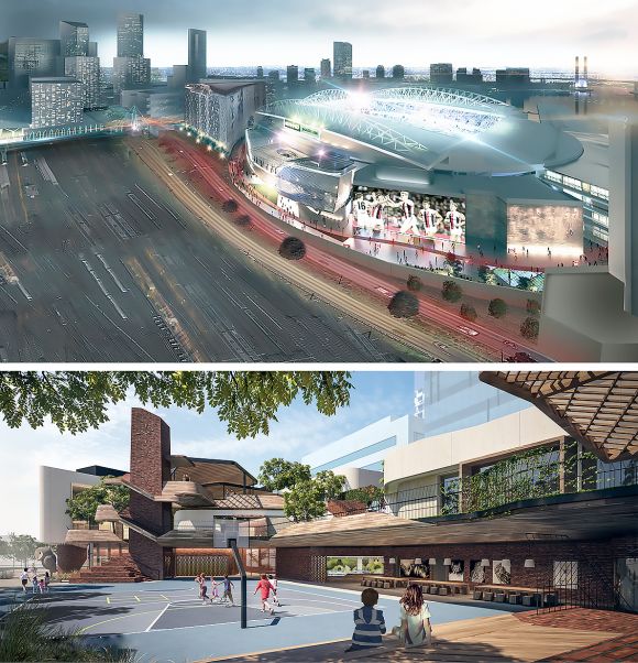 Top: Artist's impression of Marvel Stadium redevelopment. Bottom: Artist's impression of Docklands Primary School Development Victoria appoints Geoff Ward to lead its Precincts team