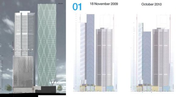 Elevation comparison from the first submitted design to a a couple of other iterations. Planning images: Woods Bagot The evolution of 80 Collins Street