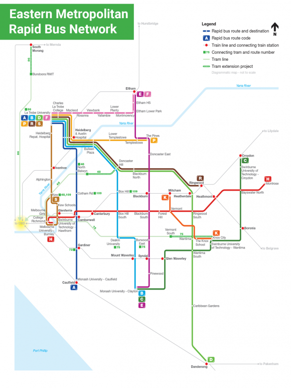 Map of all the proposed rapid bus lines. Image: Victorian Greens Victorian Greens pitch Eastern Melbourne rapid bus network to the electorate