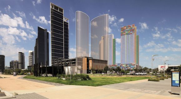 Silhouetted south Wharf Towers in an evolving built for context. Image: MGA Architects Lorimer Street residential towers draw closer to launch with construction tender announced