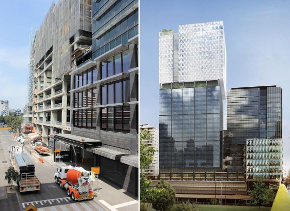 727 Collins Street's progress as compared to a project render Collins Square approved one day, under construction the next