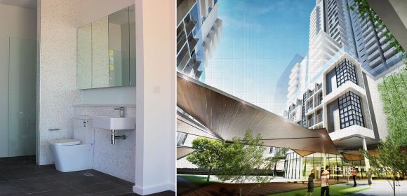 Onsite bathroom display and artist's render of the endorsed project. Render courtesy Peddle Thorp A display in Joseph Road Precinct you say?