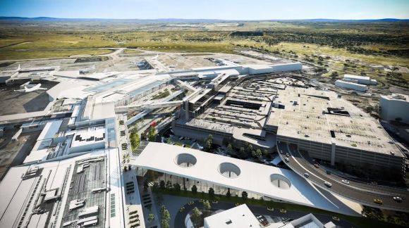 Render of T2 and station located in forecourt. Image: Melbourne Airport AirRail Melbourne - Airport Station location revealed in stakeholder presentation