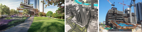 L-R: Melbourne Square Public Space | Floodslicer; Indicative model showing future stages | Colliers; Construction photo | Urban forum member redden Melbourne's Headline Acts for 2019