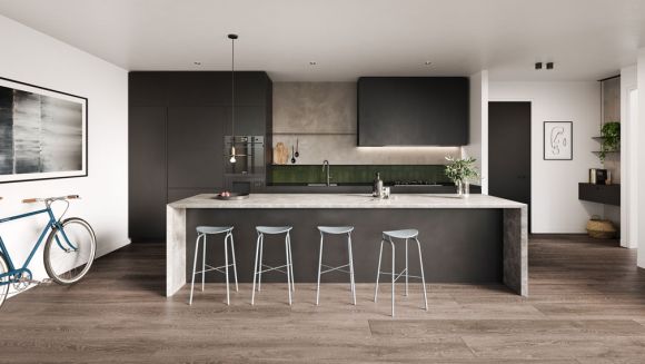 Apartment interiors reflect the shades of the exterior. Image: Supplied Sarah Sands - a Brunswick icon is reborn