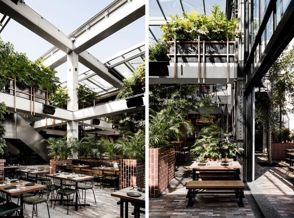 The indoor/outdoor Bee Garden woth its retractable roof. Images: Supplied TILT and Technē shed some light on the Village Belle Hotel revamp