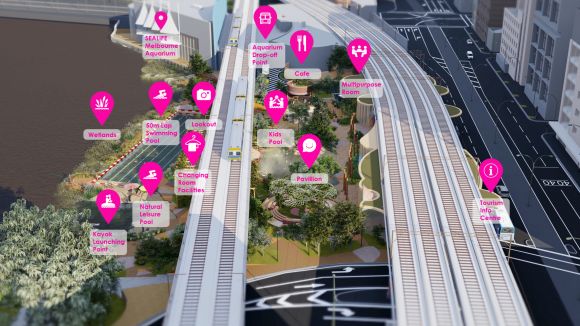 Aerial overview of the Yarra Pools proposal. Image: WOWOWA WOWOWA and Yarra Pools unveil public pool proposal for Melbourne's Northbank