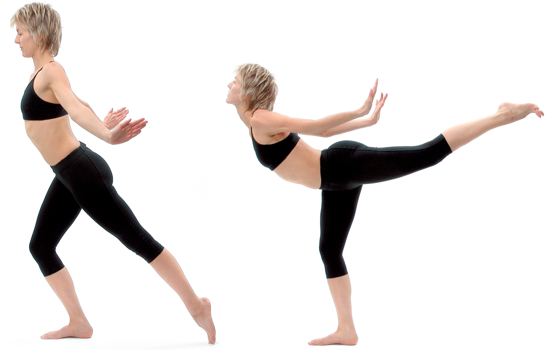 Figure 11: Niralamba virabhadrasana (unsupported warrior pose): Stand on one leg, take the other leg behind you and lift it slightly of the floor that knee fully straight. Turn the thigh of the non-standing leg inwards at the hip. This forces the main buttocks muscle, gluteus maximus (a hip external rotator and hip extensor), to relax. If the front thigh muscles (quadriceps) of the non-standing knee are active they will force the rear thigh muscles (hamstrings) to become activated. This exercise is therefore very effective in forming janu bandha, as it causes a simultaneous tensing of front thigh muscles (quadriceps), rear thigh muscles (hamstrings) and inner thigh muscles (hip adductors). 