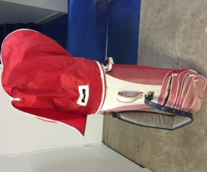 Golf bag, hood and many clubs.