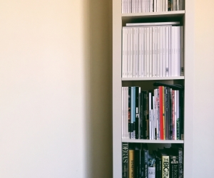 IKEA white wood KALLAX shelf with 5 inserts