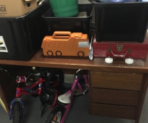 Wood desk 3 drawers, large and sturdy, needs clean up