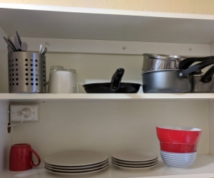 Plates, bowls, cutlery, knives, pots