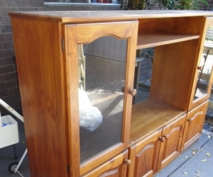 Old style TV cabinet pine with 2 glass doors