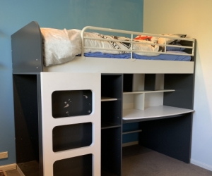 Loft bed with desk, drawers and cupboard