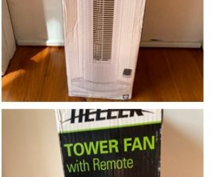 household goods (cushion cover, citronella lamp oil, Heller Tower fan with remote, Malt extract (syrup for hot malt drinks)